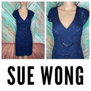 Sue Wong Formal Navy Lace Short Beaded Dress